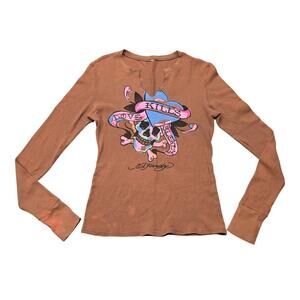 Ed Hardy Skull Love Kills Slowly Distressed Graphic Long Sleeve Thermal Shirt